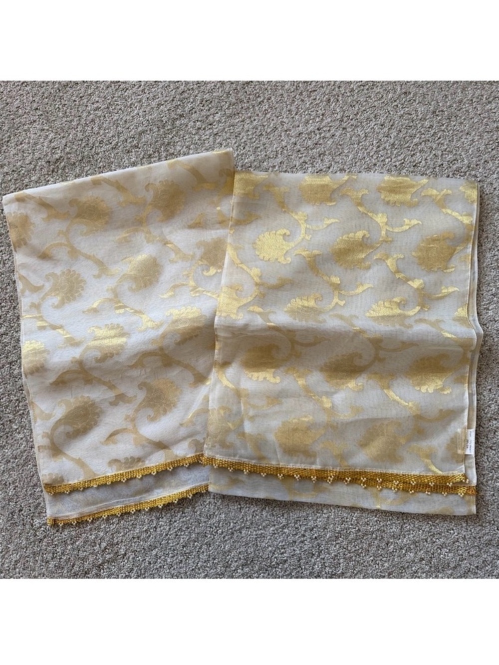 Beige Gold Silk Gauze Table Runner Glitter Beaded Metallic Sheer Gold Leaf 2x
